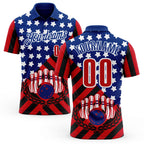 Custom Royal Red Black-White Patriotic American Flag Bowling Ball And Pins Strike Performance Polo Shirt