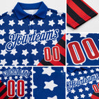 Custom Royal Red Black-White Patriotic American Flag Bowling Ball And Pins Strike Performance Polo Shirt detail