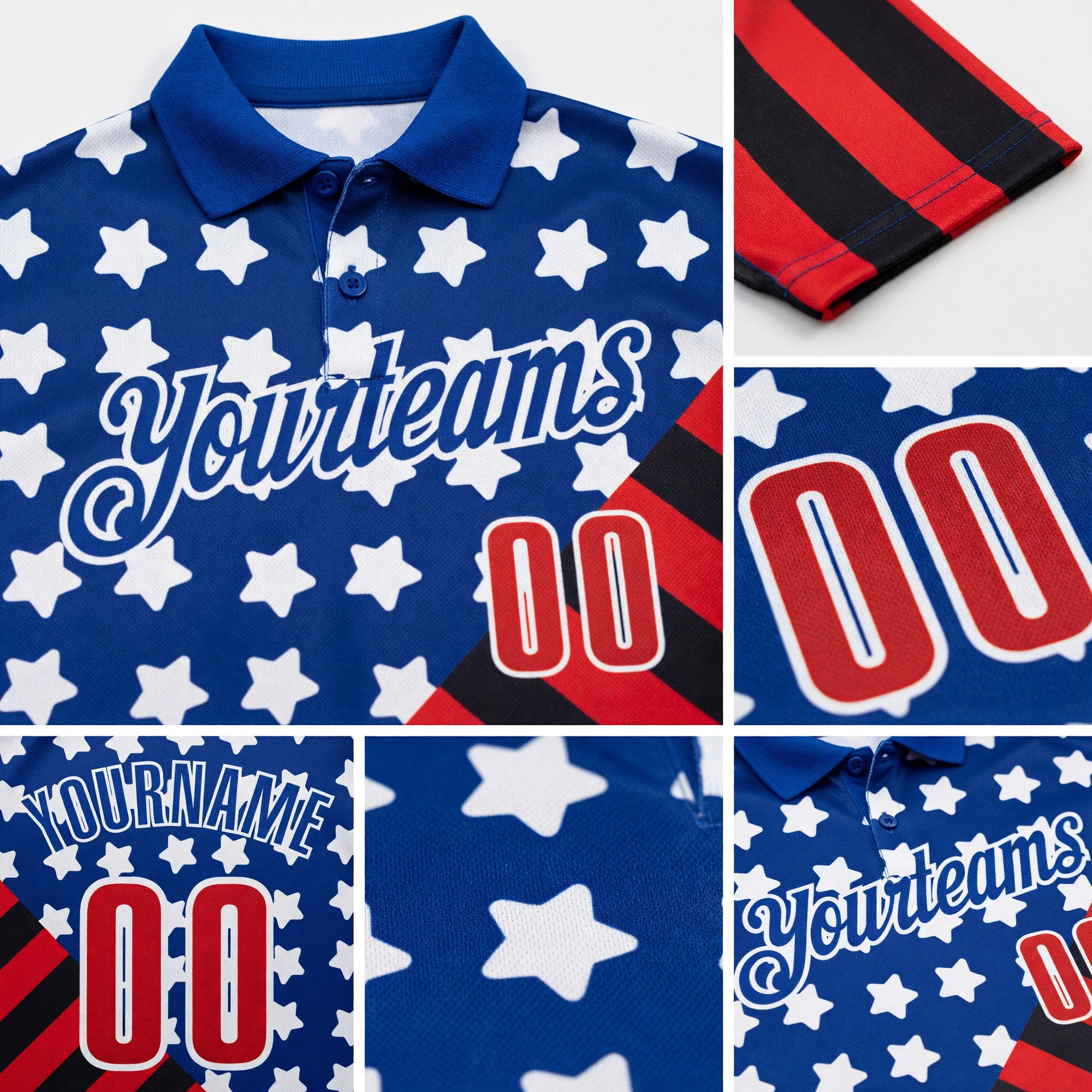Custom Royal Red Black-White Patriotic American Flag Bowling Ball And Pins Strike Performance Polo Shirt detail