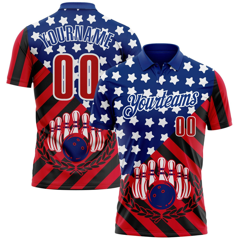 Custom Royal Red Black-White Patriotic American Flag Bowling Ball And Pins Strike Performance Polo Shirt photo 1