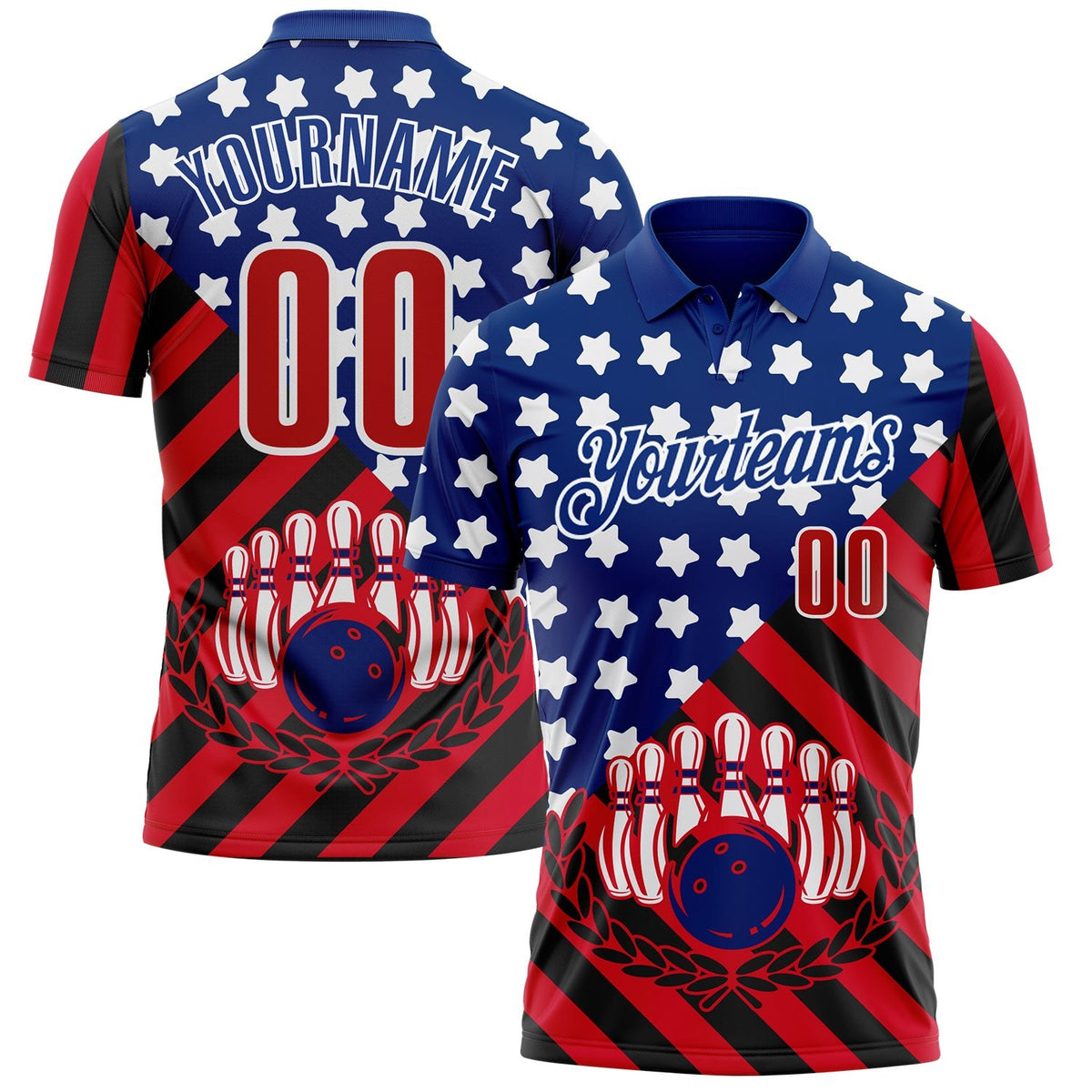 Custom Royal Red Black-White Patriotic American Flag Bowling Ball And Pins Strike Performance Polo Shirt photo 1