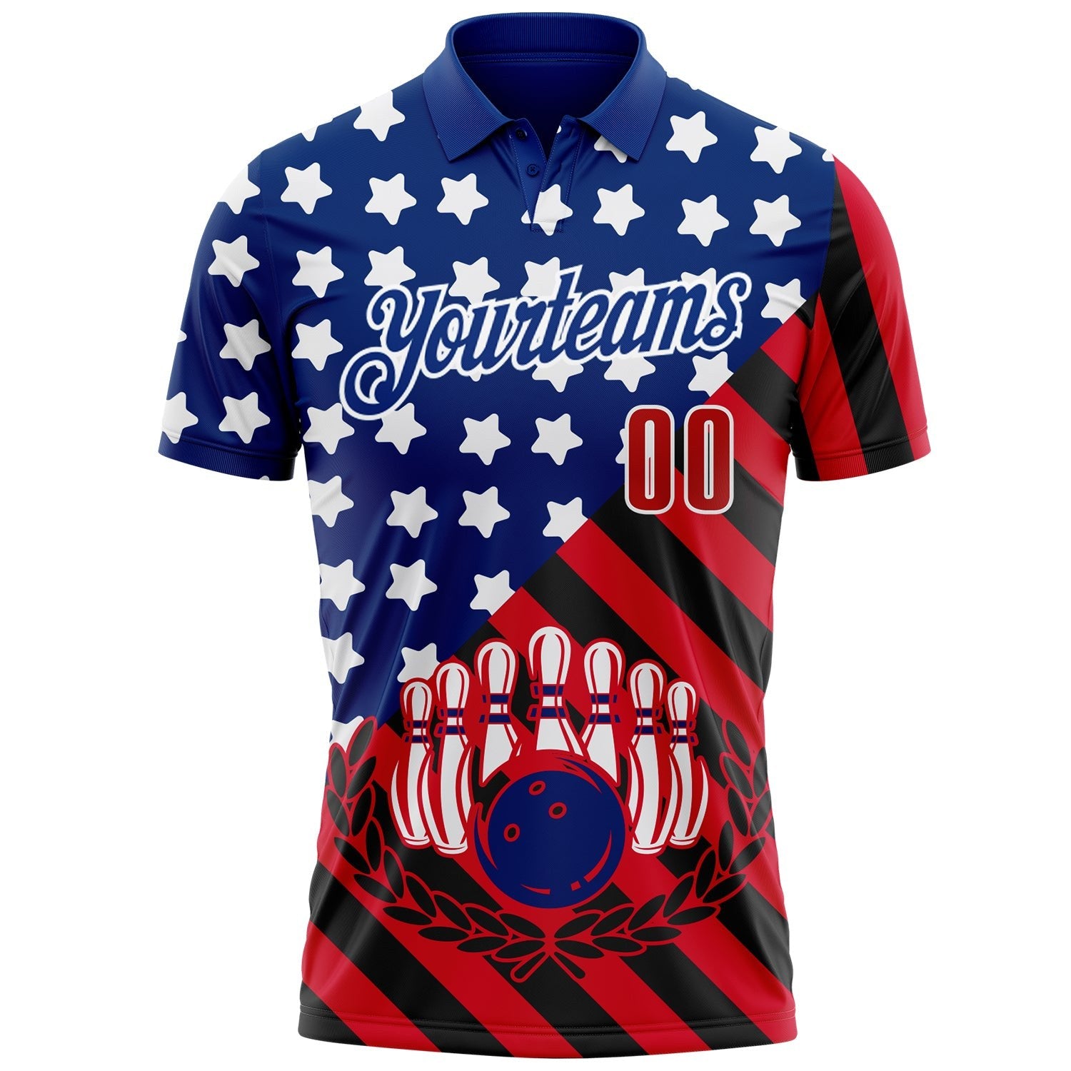 Custom Royal Red Black-White Patriotic American Flag Bowling Ball And Pins Strike Performance Polo Shirt photo 2