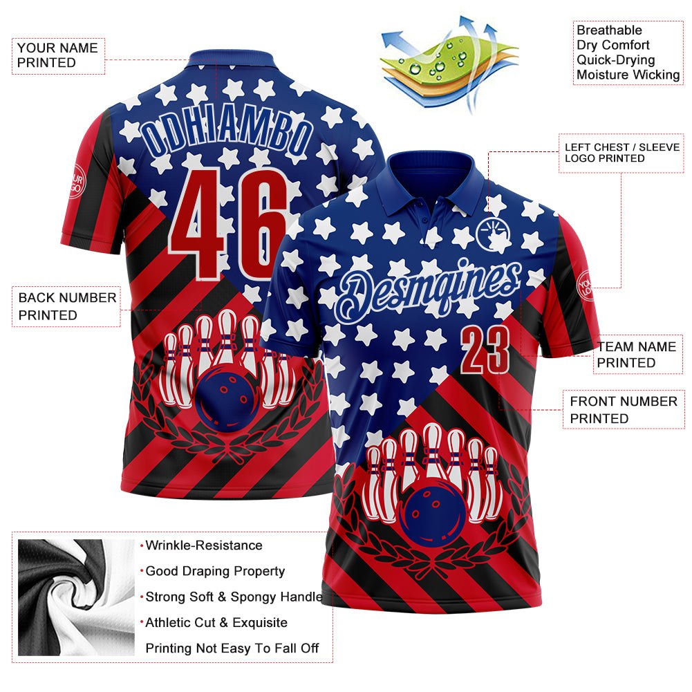 Custom Royal Red Black-White Patriotic American Flag Bowling Ball And Pins Strike Performance Polo Shirt photo 3
