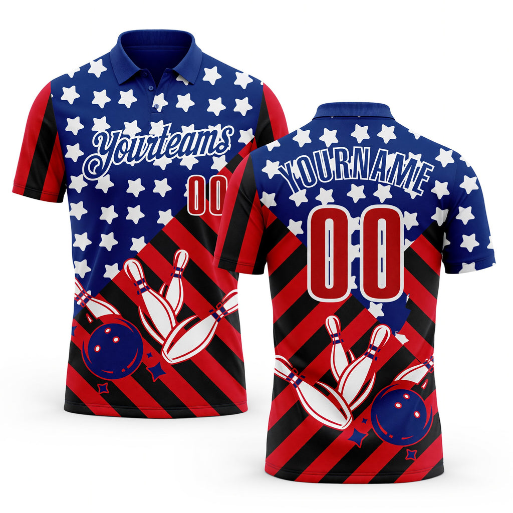 Custom Royal Red Black-White Patriotic American Flag Bowling Ball And Pins Strike Performance Polo Shirt
