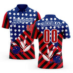 Custom Royal Red Black-White Patriotic American Flag Bowling Ball And Pins Strike Performance Polo Shirt