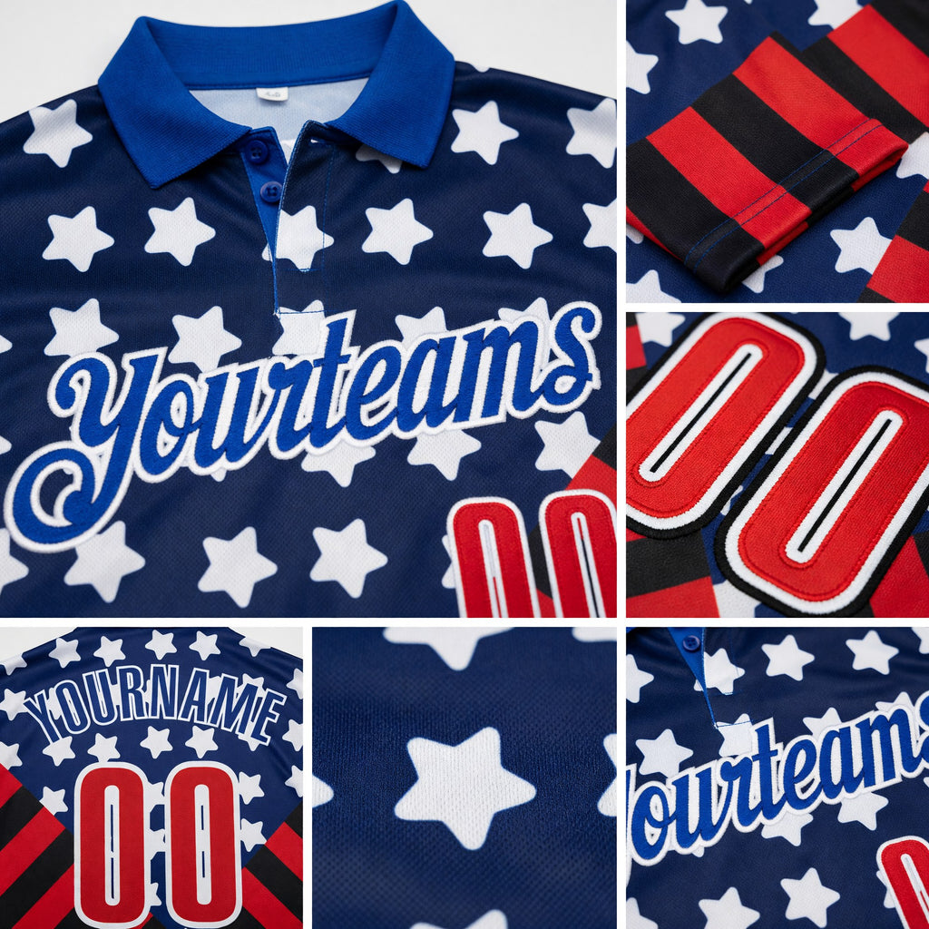 Custom Royal Red Black-White Patriotic American Flag Bowling Ball And Pins Strike Performance Polo Shirt detail