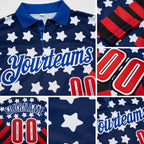 Custom Royal Red Black-White Patriotic American Flag Bowling Ball And Pins Strike Performance Polo Shirt detail