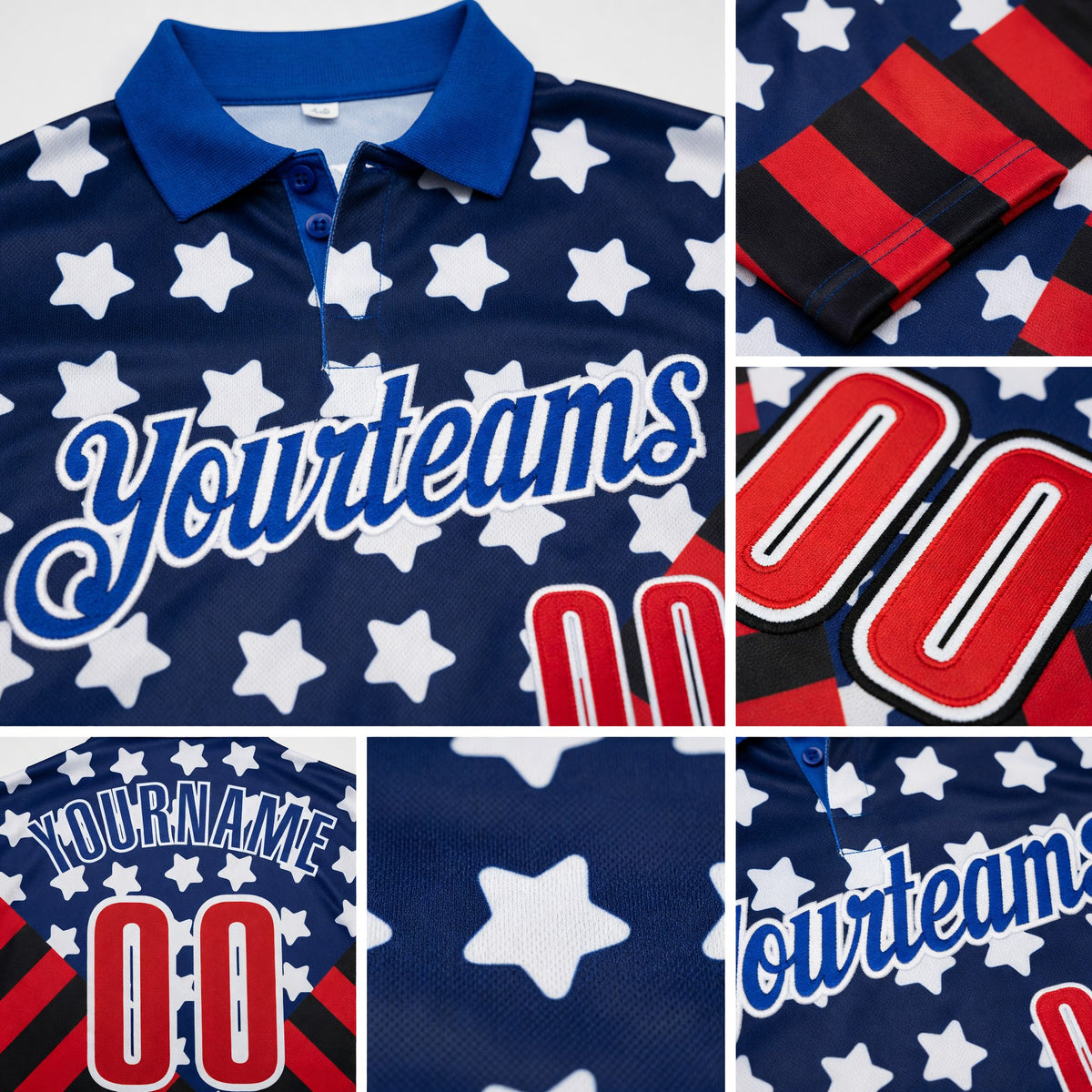 Custom Royal Red Black-White Patriotic American Flag Bowling Ball And Pins Strike Performance Polo Shirt detail