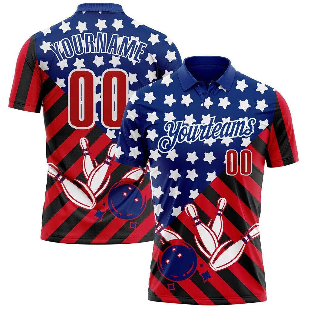 Custom Royal Red Black-White Patriotic American Flag Bowling Ball And Pins Strike Performance Polo Shirt photo 1