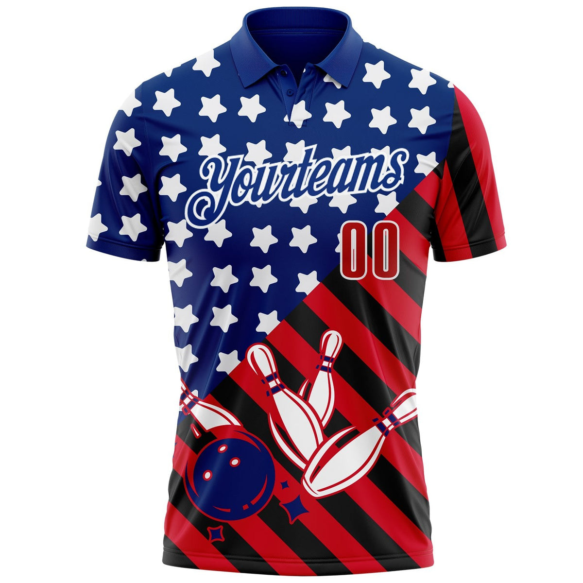 Custom Royal Red Black-White Patriotic American Flag Bowling Ball And Pins Strike Performance Polo Shirt photo 2