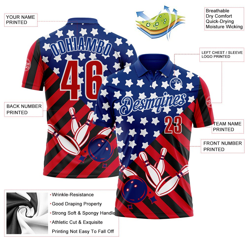 Custom Royal Red Black-White Patriotic American Flag Bowling Ball And Pins Strike Performance Polo Shirt photo 3