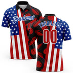 Custom Black Red White-Royal Patriotic American Flag Bowling Ball And Pins Strike Performance Polo Shirt