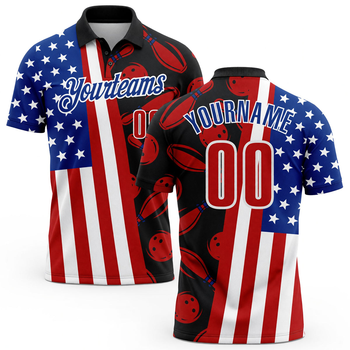 Custom Black Red White-Royal Patriotic American Flag Bowling Ball And Pins Strike Performance Polo Shirt