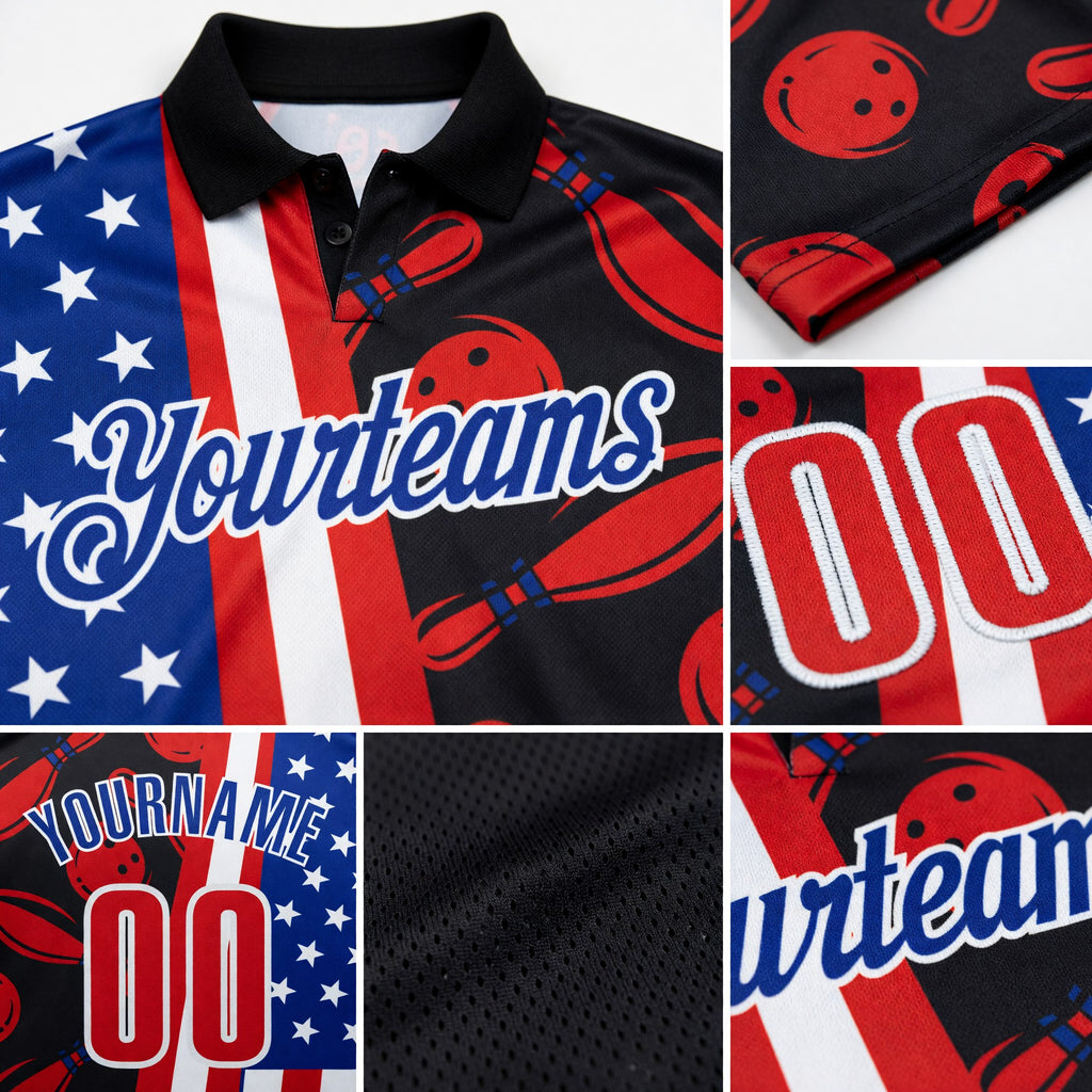 Custom Black Red White-Royal Patriotic American Flag Bowling Ball And Pins Strike Performance Polo Shirt detail