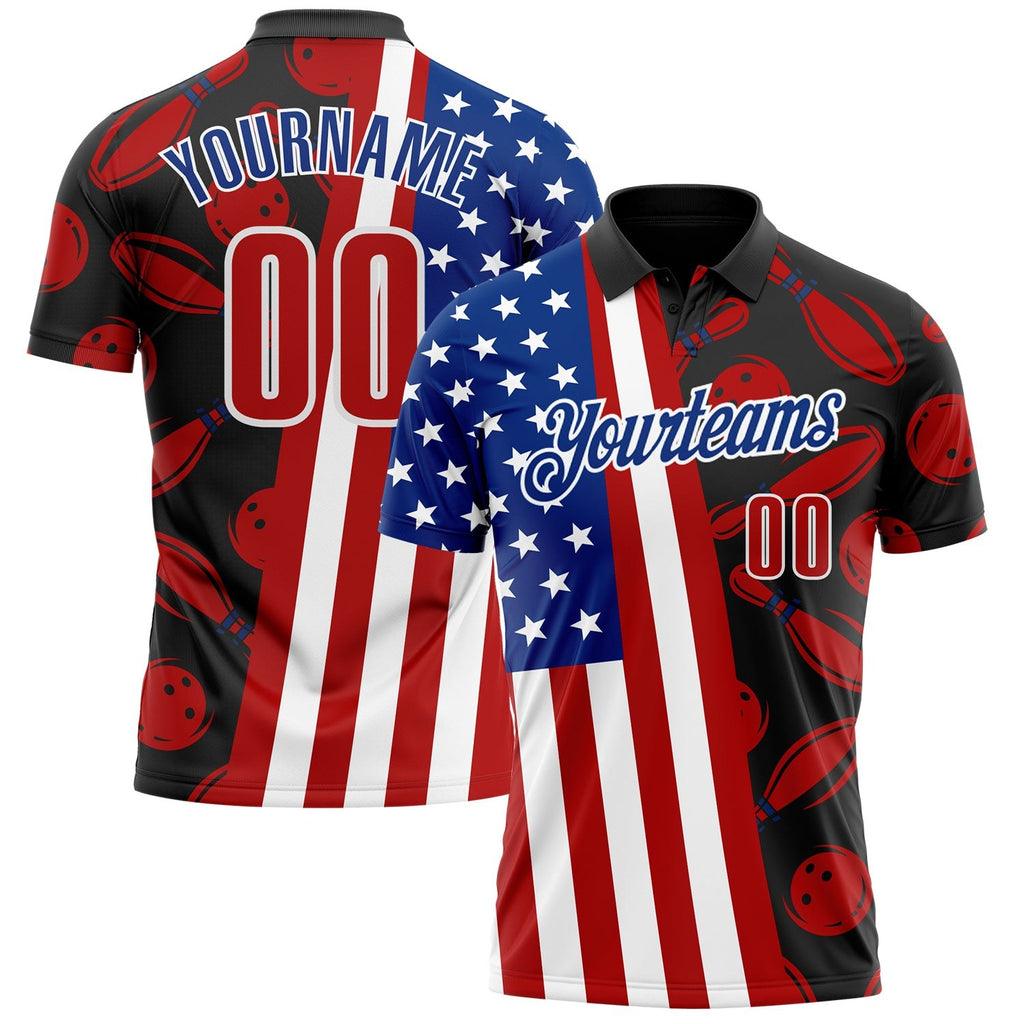 Custom Black Red White-Royal Patriotic American Flag Bowling Ball And Pins Strike Performance Polo Shirt photo 1