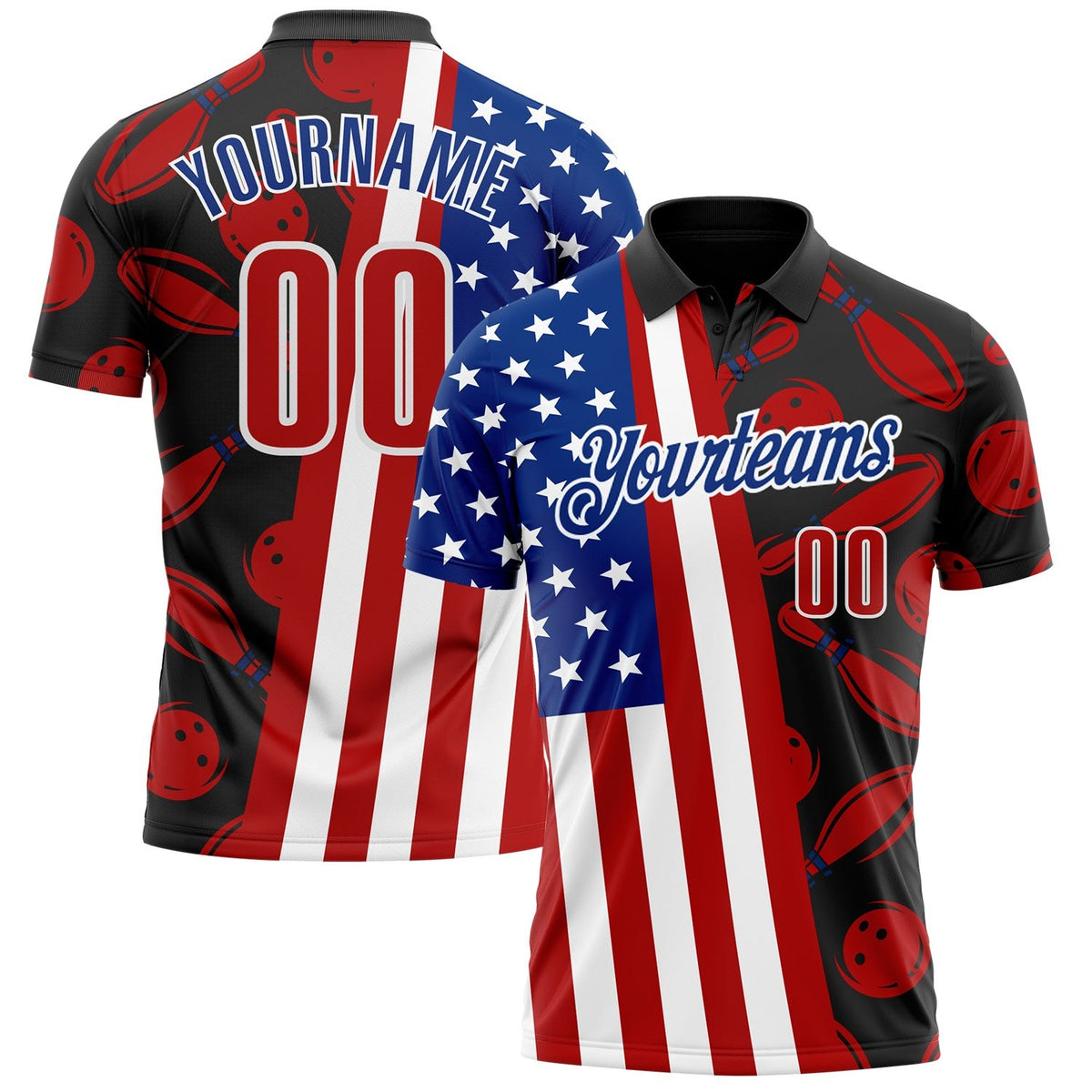 Custom Black Red White-Royal Patriotic American Flag Bowling Ball And Pins Strike Performance Polo Shirt photo 1