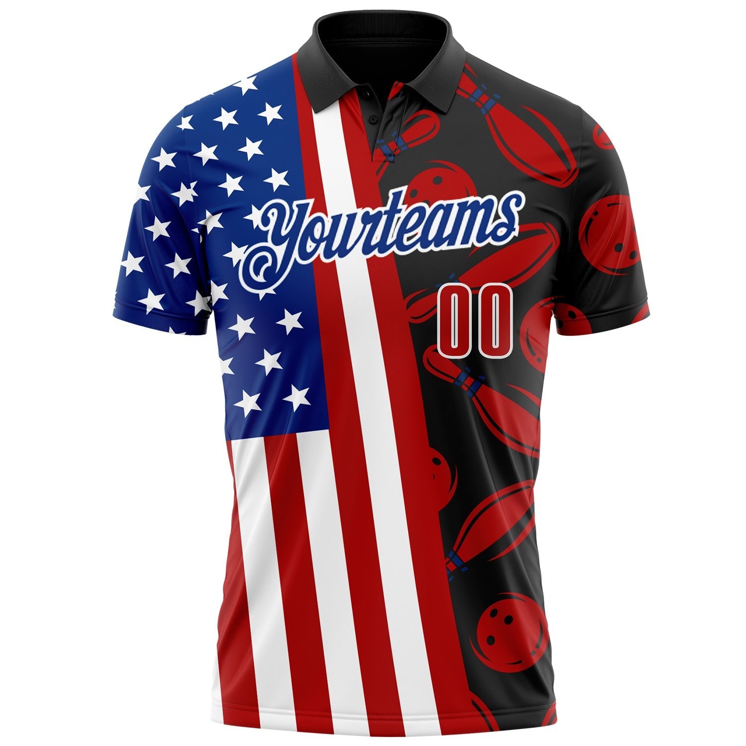 Custom Black Red White-Royal Patriotic American Flag Bowling Ball And Pins Strike Performance Polo Shirt photo 2