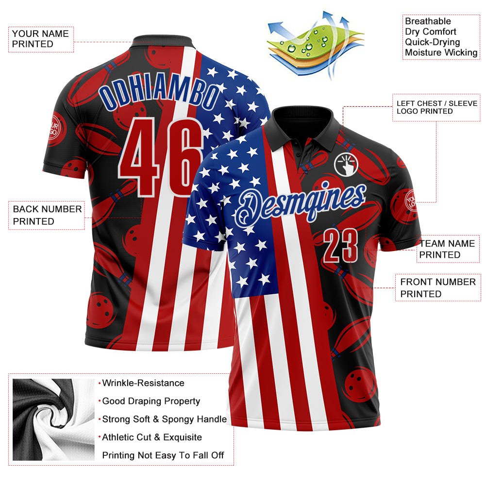 Custom Black Red White-Royal Patriotic American Flag Bowling Ball And Pins Strike Performance Polo Shirt photo 3