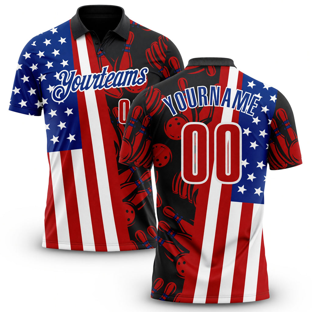 Custom Black Red White-Royal Patriotic American Flag Bowling Ball And Pins Strike Performance Polo Shirt
