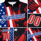 Custom Black Red White-Royal Patriotic American Flag Bowling Ball And Pins Strike Performance Polo Shirt detail