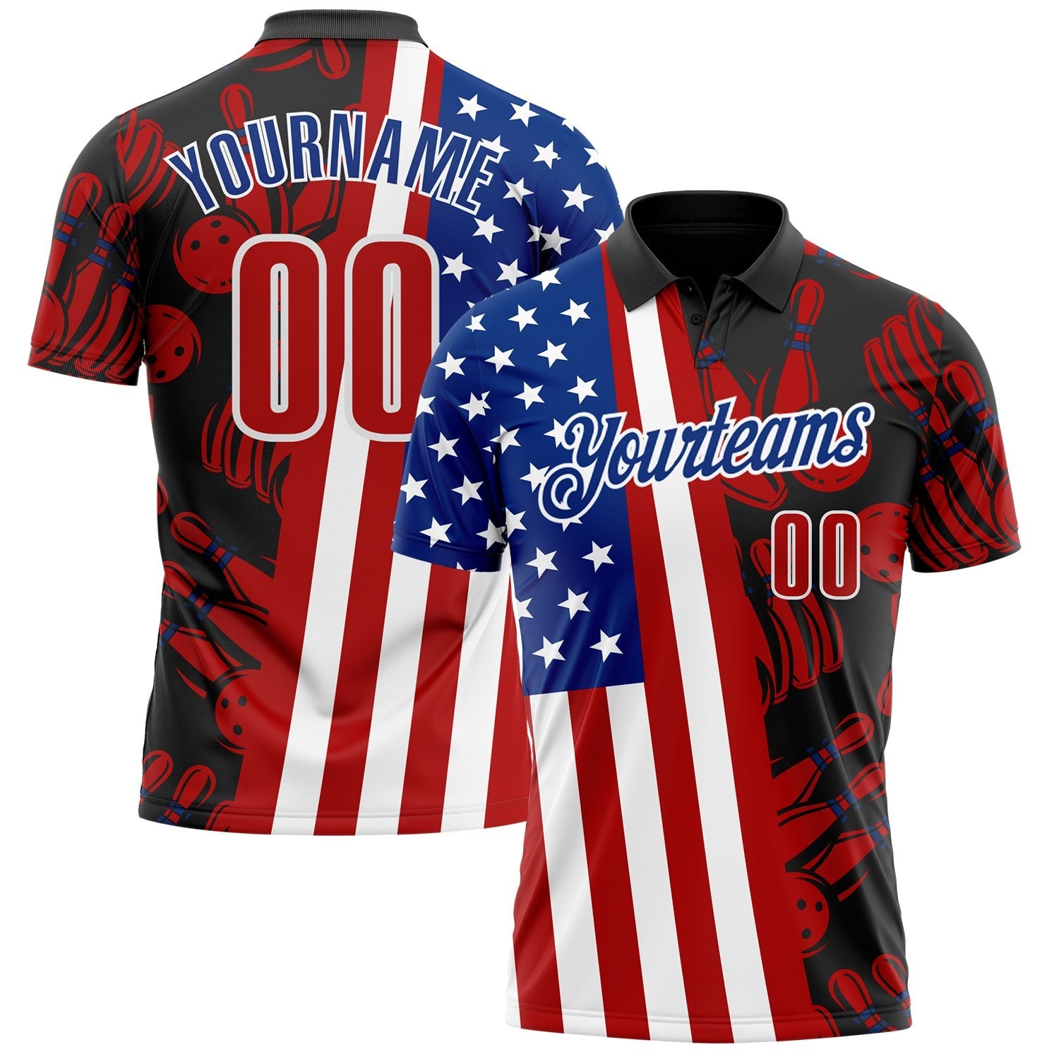 Custom Black Red White-Royal Patriotic American Flag Bowling Ball And Pins Strike Performance Polo Shirt photo 1