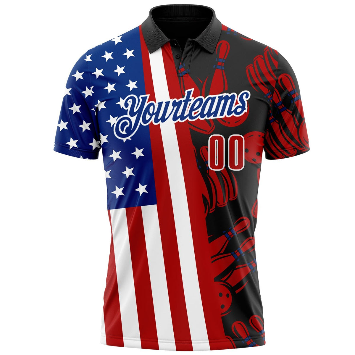 Custom Black Red White-Royal Patriotic American Flag Bowling Ball And Pins Strike Performance Polo Shirt photo 2