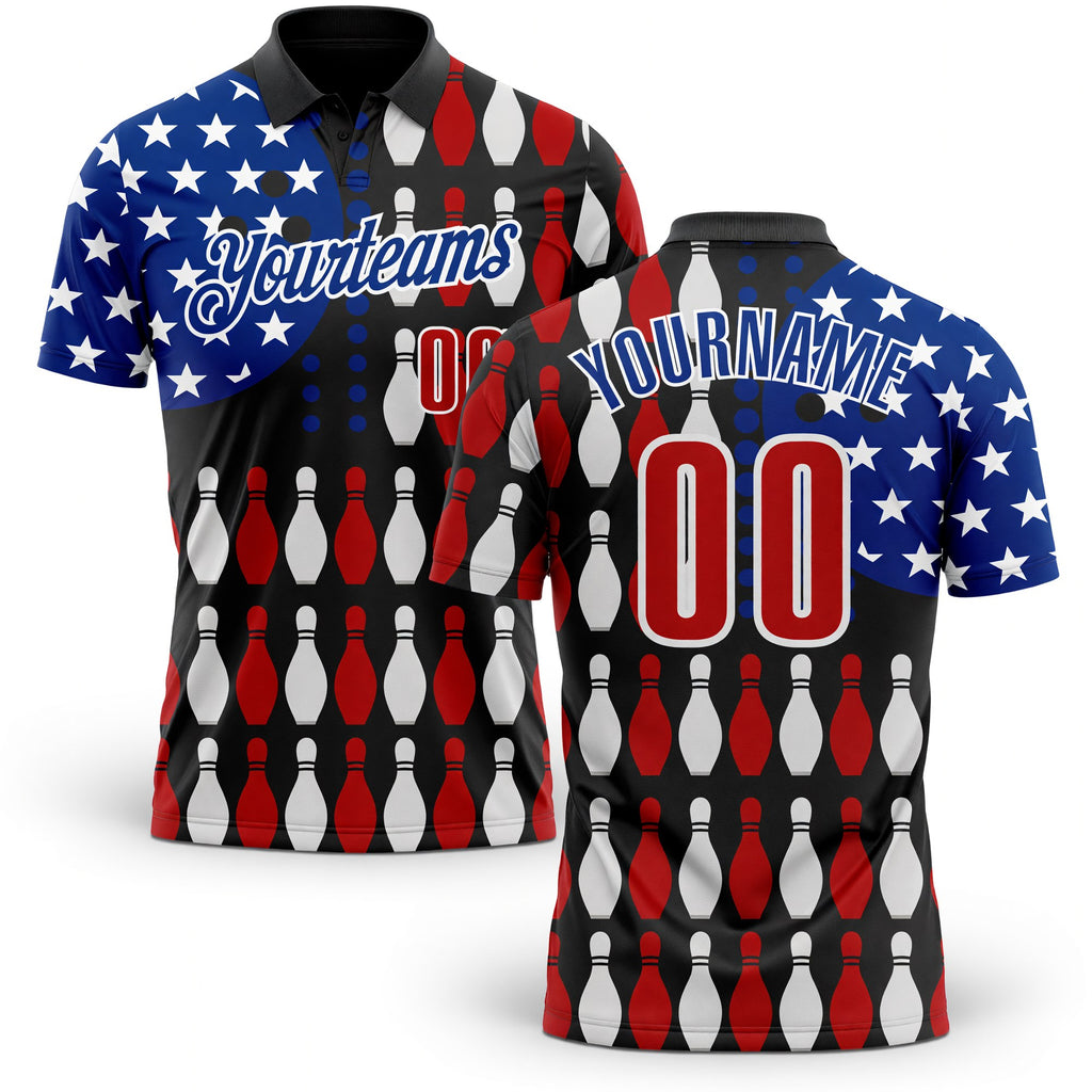 Custom Black Red White-Royal Patriotic American Flag Bowling Ball And Pins Performance Polo Shirt