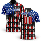 Custom Black Red White-Royal Patriotic American Flag Bowling Ball And Pins Performance Polo Shirt