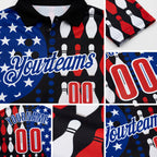 Custom Black Red White-Royal Patriotic American Flag Bowling Ball And Pins Performance Polo Shirt detail