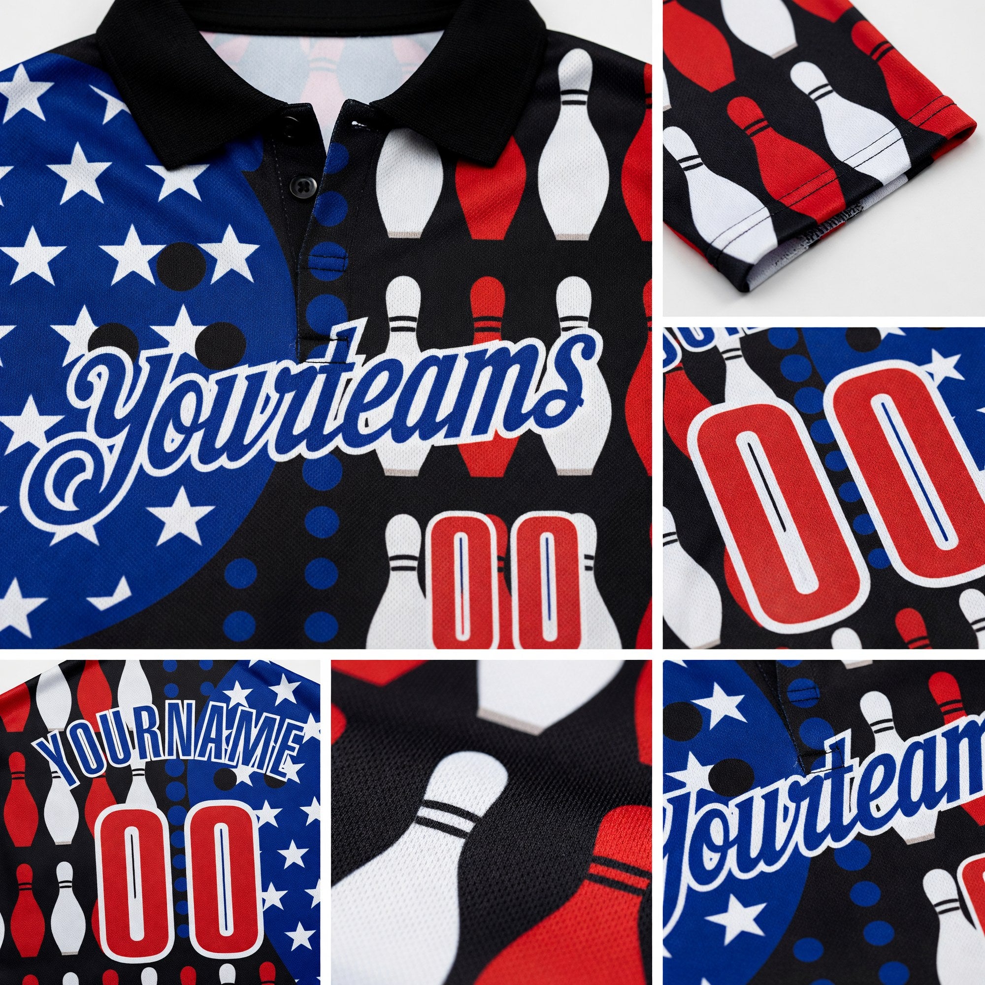 Custom Black Red White-Royal Patriotic American Flag Bowling Ball And Pins Performance Polo Shirt detail
