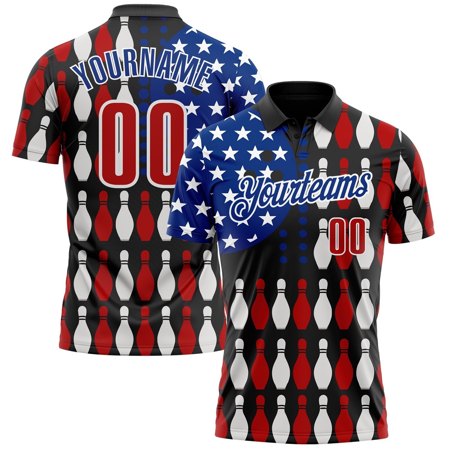 Custom Black Red White-Royal Patriotic American Flag Bowling Ball And Pins Performance Polo Shirt photo 1