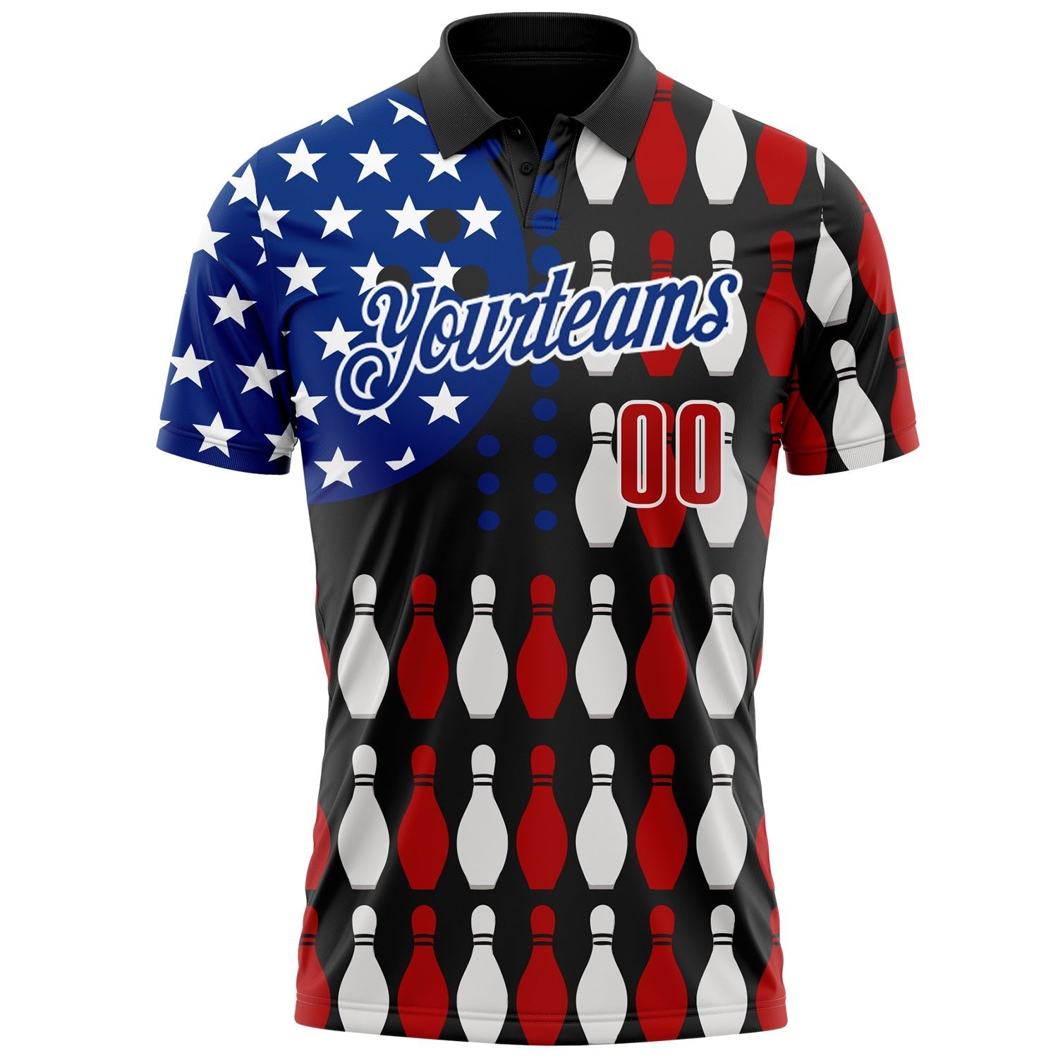 Custom Black Red White-Royal Patriotic American Flag Bowling Ball And Pins Performance Polo Shirt photo 2