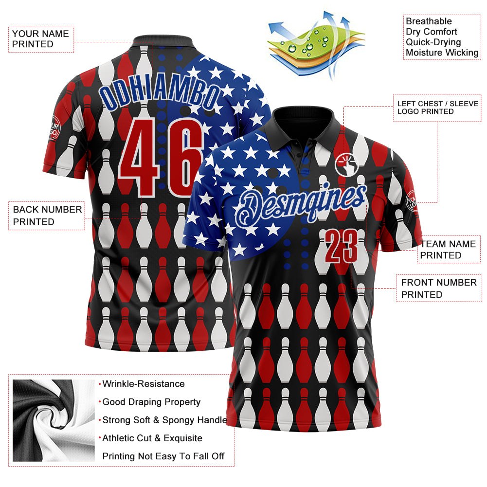 Custom Black Red White-Royal Patriotic American Flag Bowling Ball And Pins Performance Polo Shirt photo 3