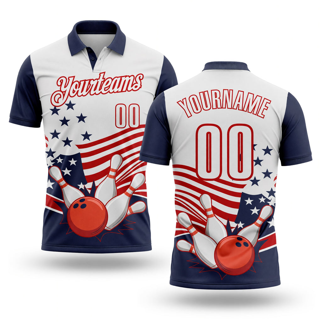 Custom White Navy-Red Patriotic American Flag Bowling Ball And Pins Strike Performance Polo Shirt