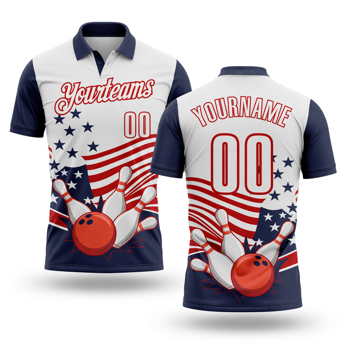 Custom White Navy-Red Patriotic American Flag Bowling Ball And Pins Strike Performance Polo Shirt