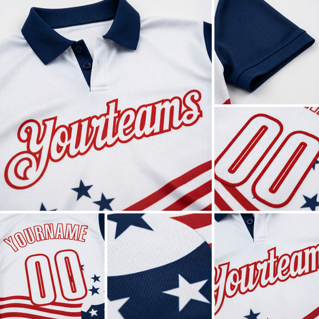 Custom White Navy-Red Patriotic American Flag Bowling Ball And Pins Strike Performance Polo Shirt detail