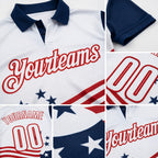 Custom White Navy-Red Patriotic American Flag Bowling Ball And Pins Strike Performance Polo Shirt detail