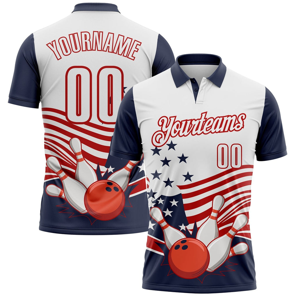 Custom White Navy-Red Patriotic American Flag Bowling Ball And Pins Strike Performance Polo Shirt photo 1