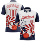 Custom White Navy-Red Patriotic American Flag Bowling Ball And Pins Strike Performance Polo Shirt photo 1