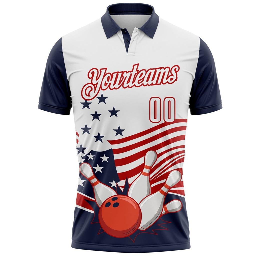 Custom White Navy-Red Patriotic American Flag Bowling Ball And Pins Strike Performance Polo Shirt photo 2