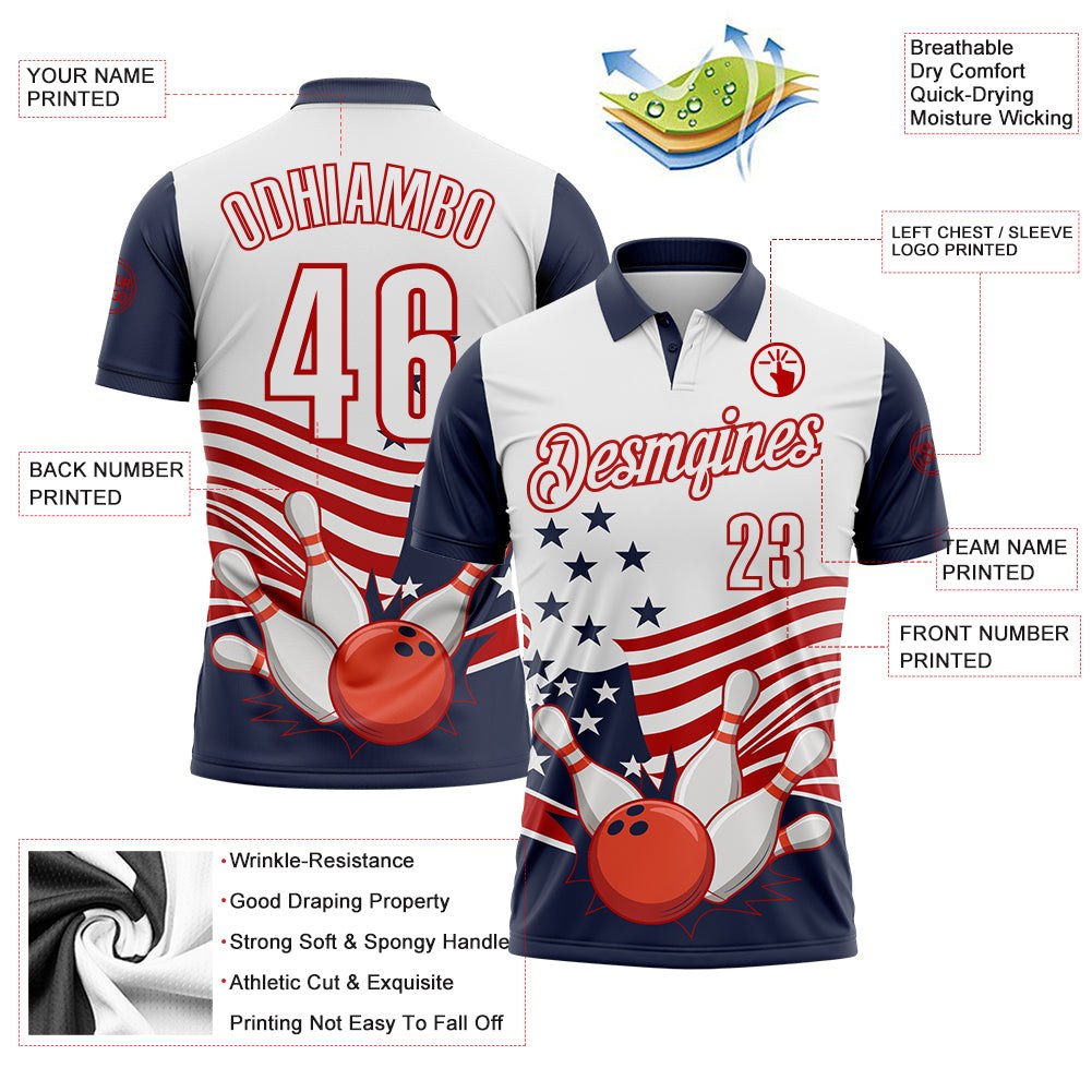 Custom White Navy-Red Patriotic American Flag Bowling Ball And Pins Strike Performance Polo Shirt photo 3