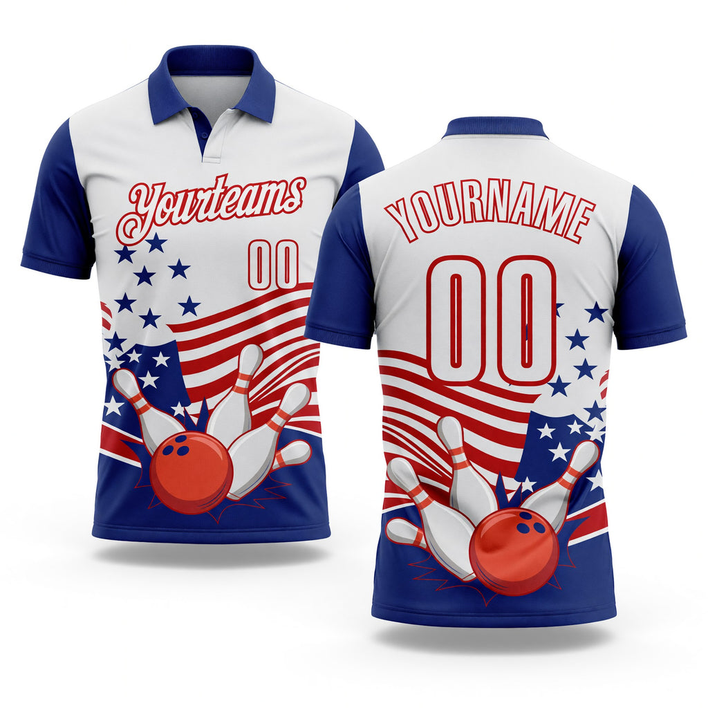 Custom White Royal-Red Patriotic American Flag Bowling Ball And Pins Strike Performance Polo Shirt