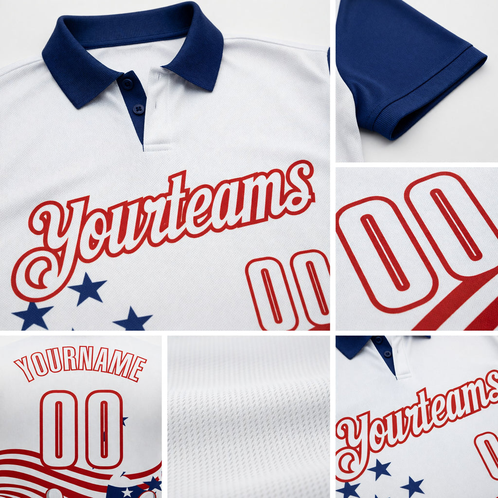 Custom White Royal-Red Patriotic American Flag Bowling Ball And Pins Strike Performance Polo Shirt detail