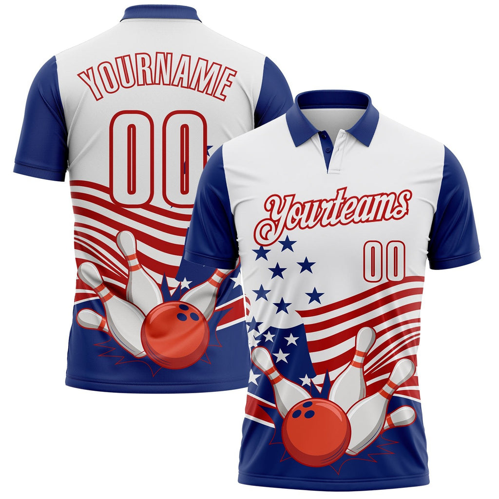 Custom White Royal-Red Patriotic American Flag Bowling Ball And Pins Strike Performance Polo Shirt photo 1