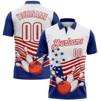 Custom White Royal-Red Patriotic American Flag Bowling Ball And Pins Strike Performance Polo Shirt photo 1