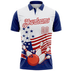 Custom White Royal-Red Patriotic American Flag Bowling Ball And Pins Strike Performance Polo Shirt photo 2