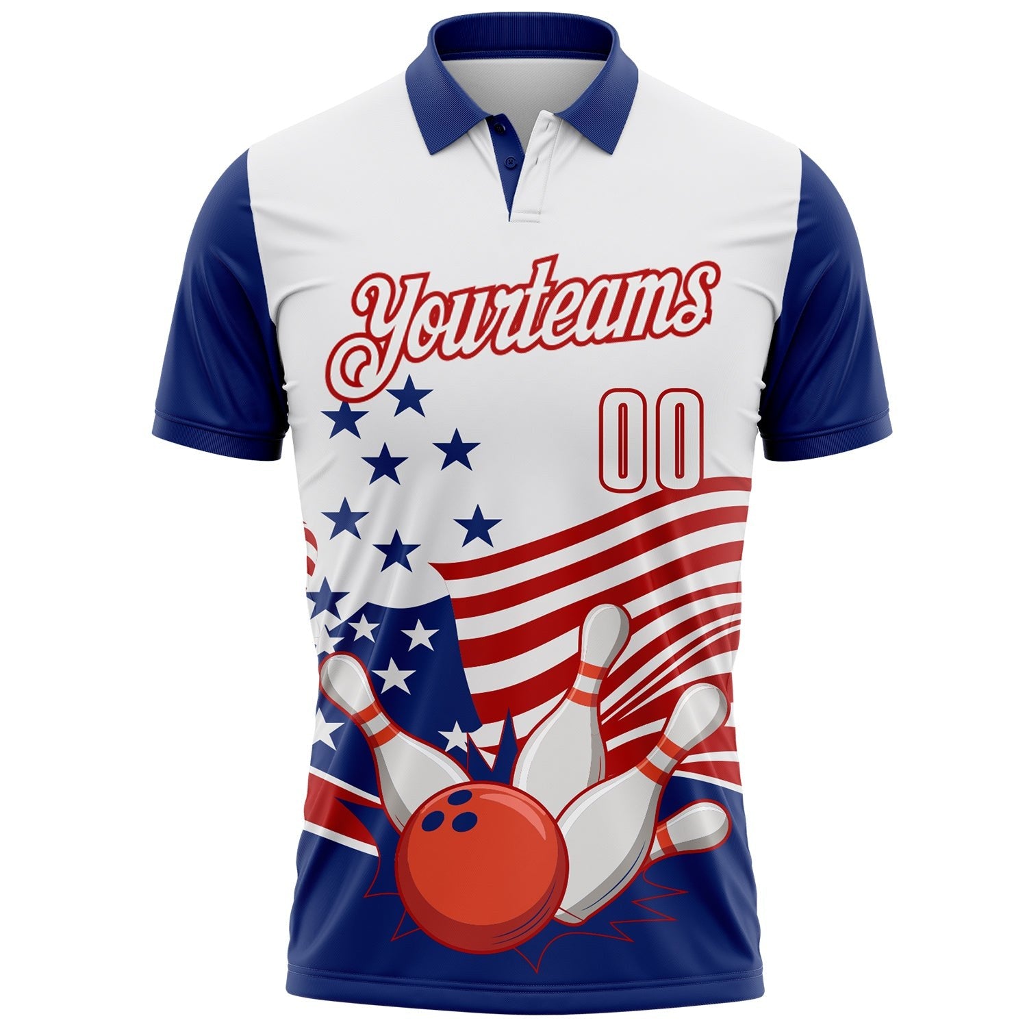 Custom White Royal-Red Patriotic American Flag Bowling Ball And Pins Strike Performance Polo Shirt photo 2