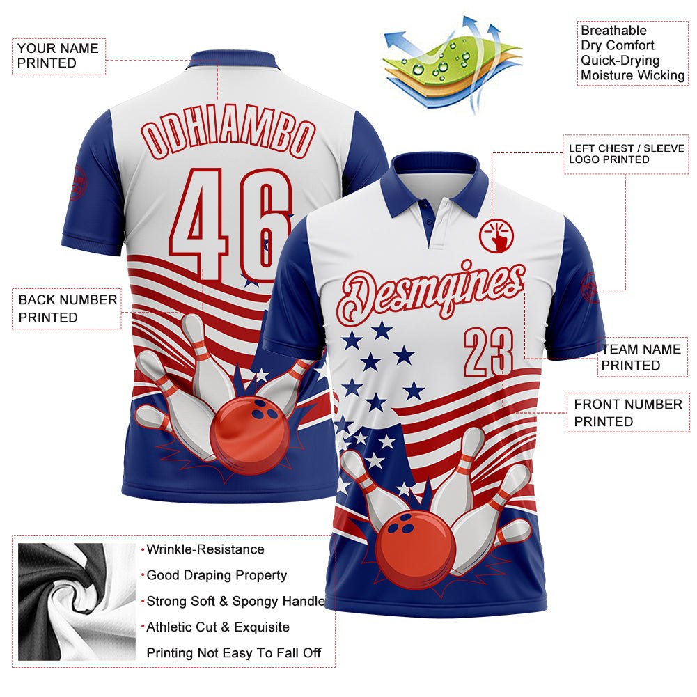 Custom White Royal-Red Patriotic American Flag Bowling Ball And Pins Strike Performance Polo Shirt photo 3