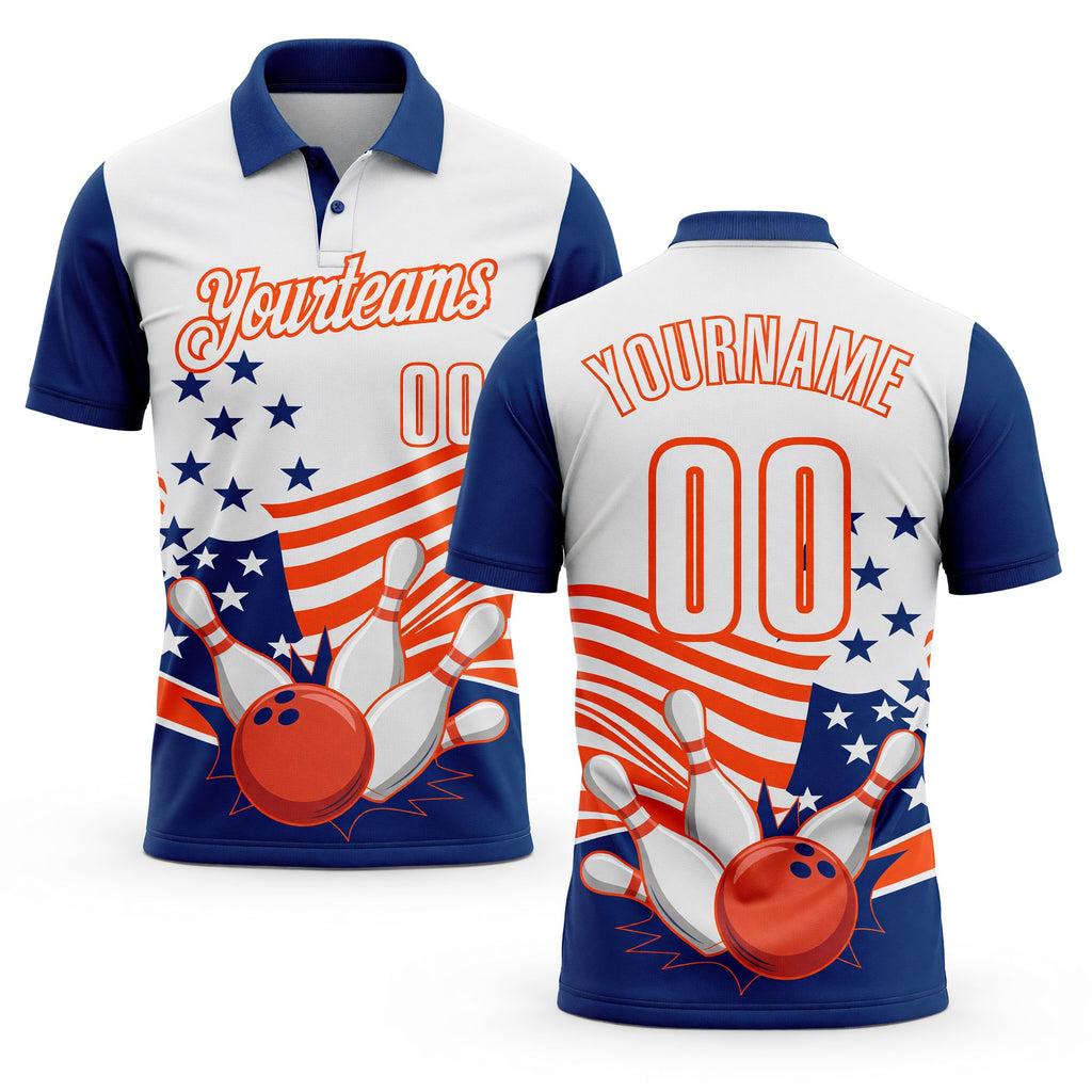Custom White US Navy Blue-Orange Patriotic American Flag Bowling Ball And Pins Strike Performance Polo Shirt