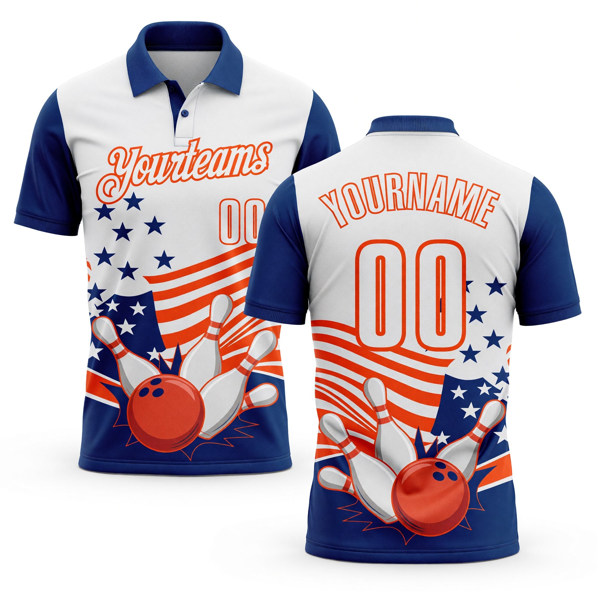 Custom White US Navy Blue-Orange Patriotic American Flag Bowling Ball And Pins Strike Performance Polo Shirt